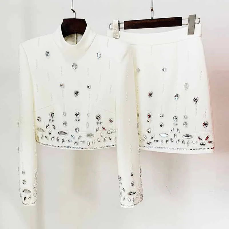 Women's Formal Skirt Suit Fitted Diamonds Pearls Decoration Short Crop Jacket   Mini Skirt Suit