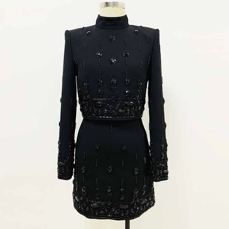 Women's Formal Skirt Suit Fitted Diamonds Pearls Decoration Short Crop Jacket   Mini Skirt Suit
