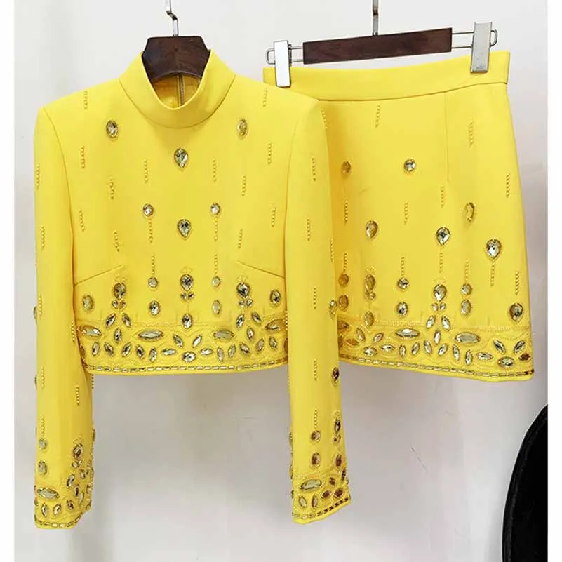Women's Formal Skirt Suit Fitted Diamonds Pearls Decoration Short Crop Jacket   Mini Skirt Suit