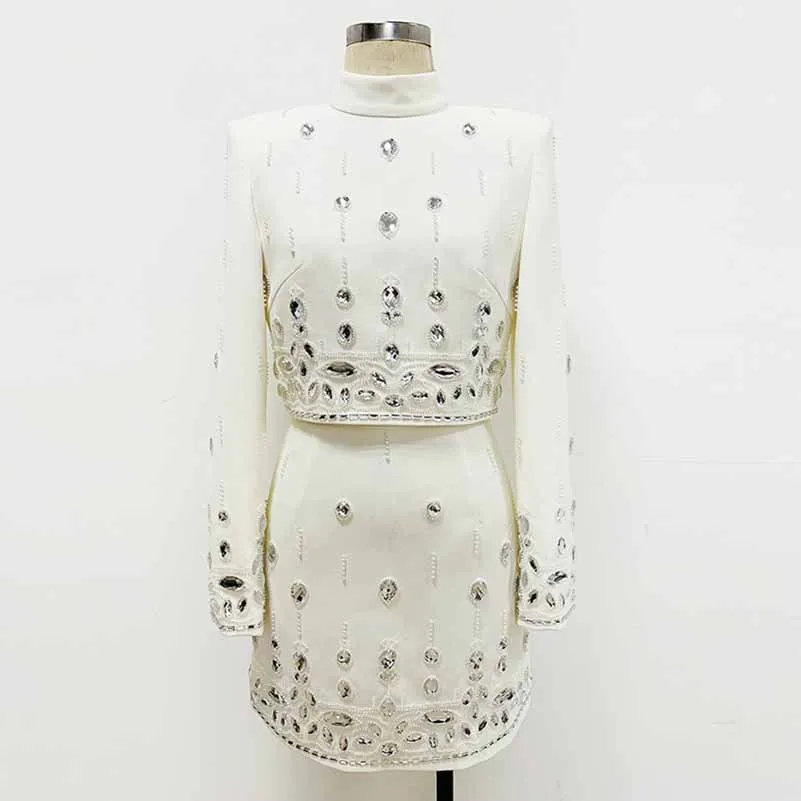Women's Formal Skirt Suit Fitted Diamonds Pearls Decoration Short Crop Jacket   Mini Skirt Suit