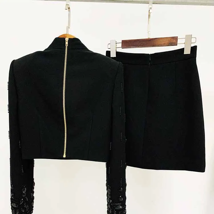 Women's Formal Skirt Suit Fitted Diamonds Pearls Decoration Short Crop Jacket   Mini Skirt Suit
