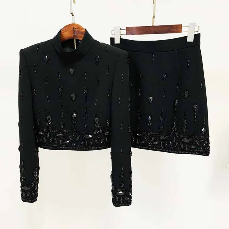 Women's Formal Skirt Suit Fitted Diamonds Pearls Decoration Short Crop Jacket   Mini Skirt Suit