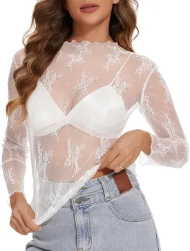 Womens Lace Mesh Long Sleeve Top Floral Sheer See Through Sexy Tops Mock Neck Shirts Party Club Night Blouses