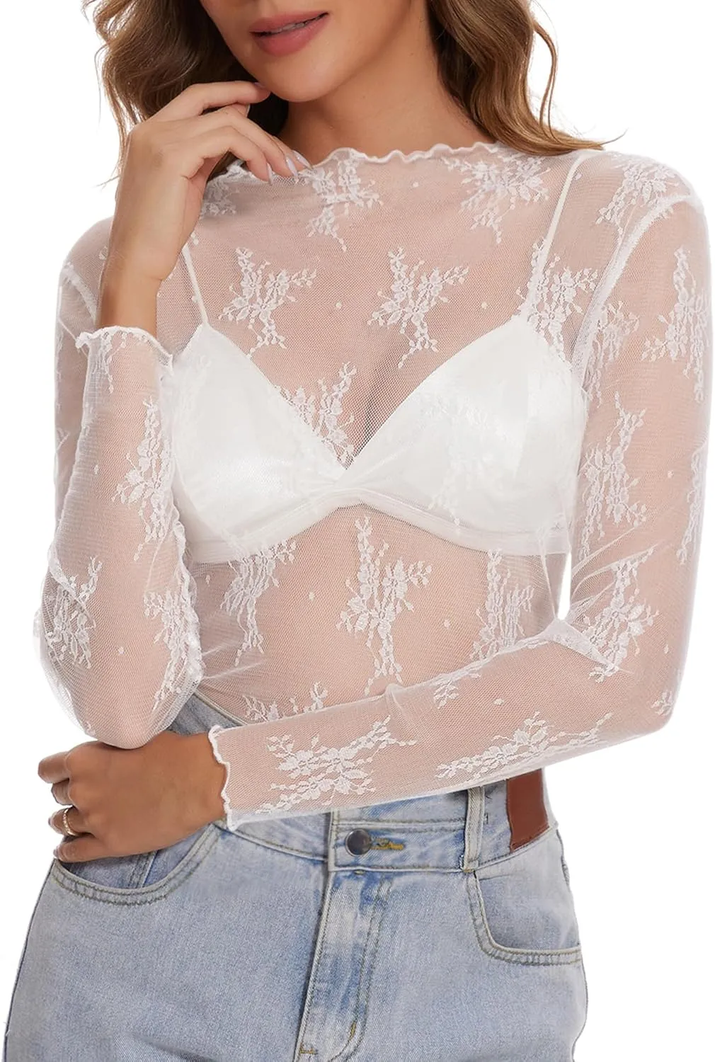 Womens Lace Mesh Long Sleeve Top Floral Sheer See Through Sexy Tops Mock Neck Shirts Party Club Night Blouses