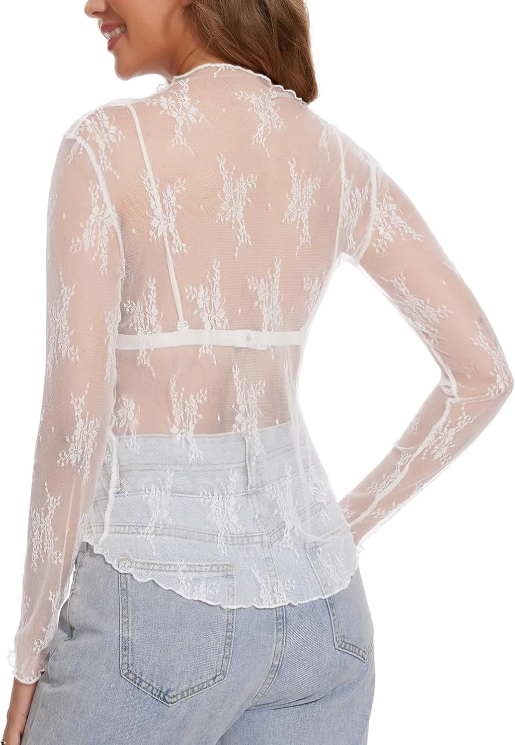 Womens Lace Mesh Long Sleeve Top Floral Sheer See Through Sexy Tops Mock Neck Shirts Party Club Night Blouses