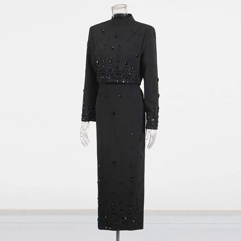 Women's Long Skirt Suit Standard Collar Top   Skirt Set With Beads Midi Skirt Suit