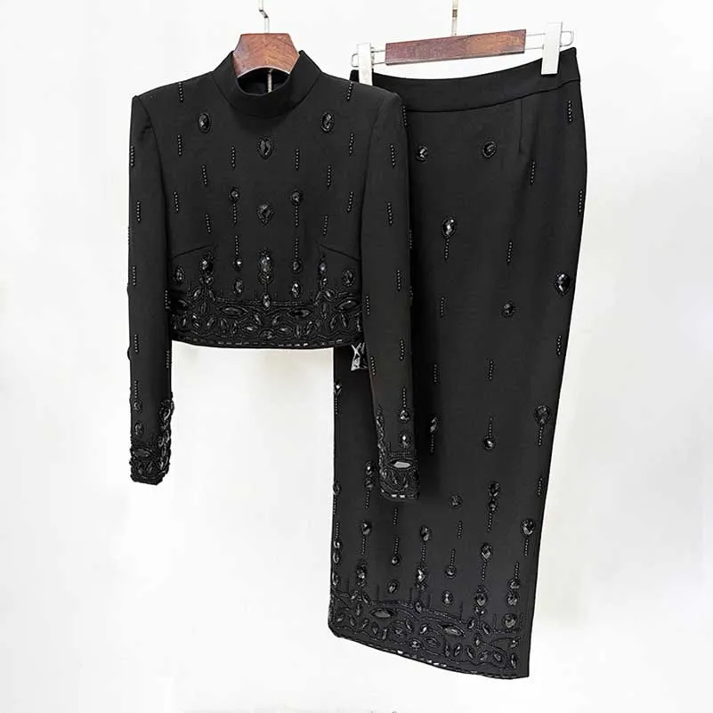 Women's Long Skirt Suit Standard Collar Top   Skirt Set With Beads Midi Skirt Suit