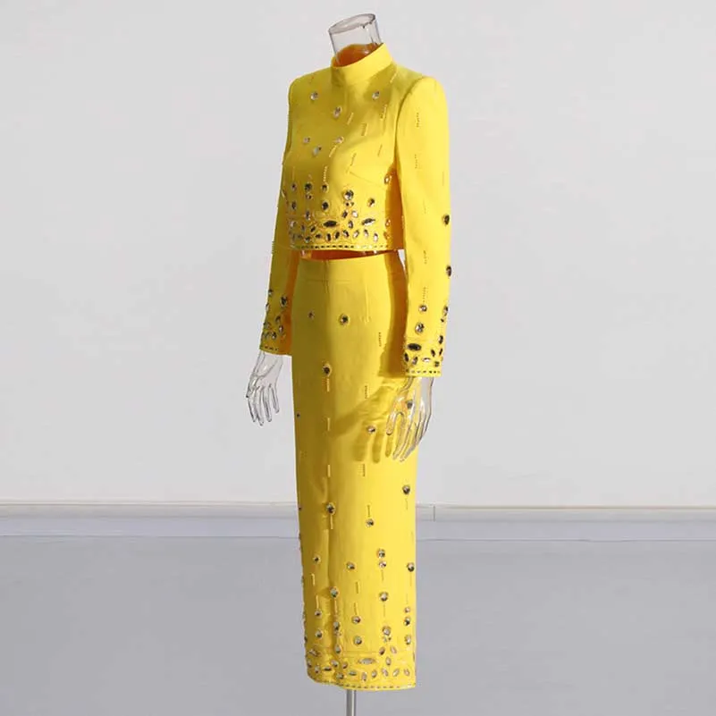 Women's Long Skirt Suit Standard Collar Top   Skirt Set With Beads Midi Skirt Suit
