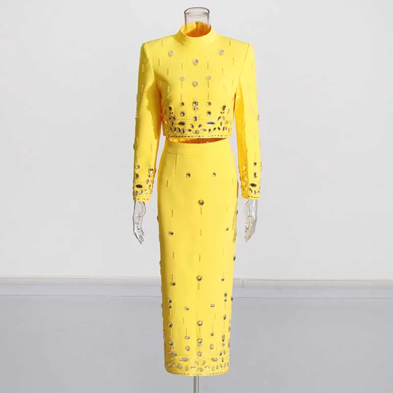 Women's Long Skirt Suit Standard Collar Top   Skirt Set With Beads Midi Skirt Suit