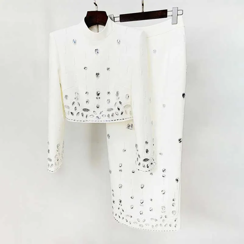 Women's Long Skirt Suit Standard Collar Top   Skirt Set With Beads Midi Skirt Suit