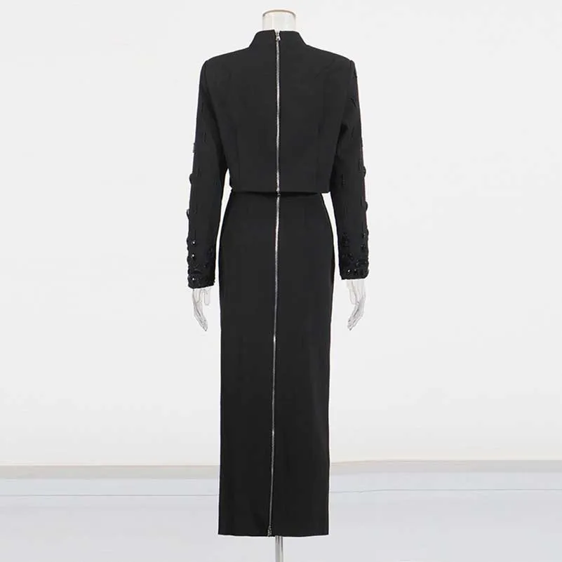 Women's Long Skirt Suit Standard Collar Top   Skirt Set With Beads Midi Skirt Suit