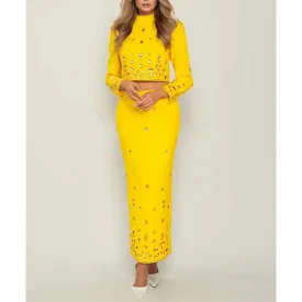 Women's Long Skirt Suit Standard Collar Top   Skirt Set With Beads Midi Skirt Suit