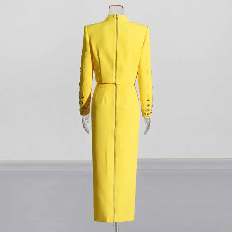 Women's Long Skirt Suit Standard Collar Top   Skirt Set With Beads Midi Skirt Suit
