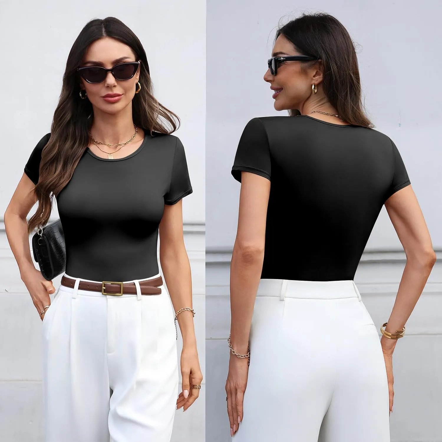 Women's Round Neck Short Sleeve Bodysuit Double-Lined T-shirt Tops Body Suits for Women Going Out