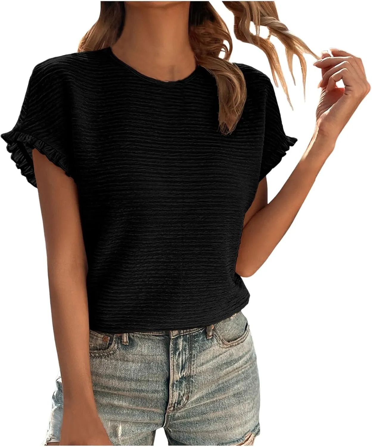 Womens Short Sleeve Tops Round Neck Ruffle Casual Summer Textured Work Daily Tunics Tees Fashion T Shirts Tee Blouse