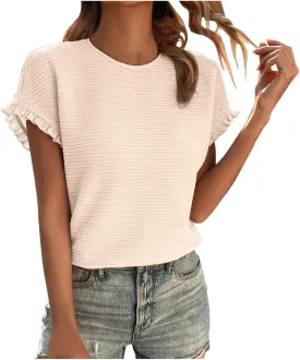 Womens Short Sleeve Tops Round Neck Ruffle Casual Summer Textured Work Daily Tunics Tees Fashion T Shirts Tee Blouse