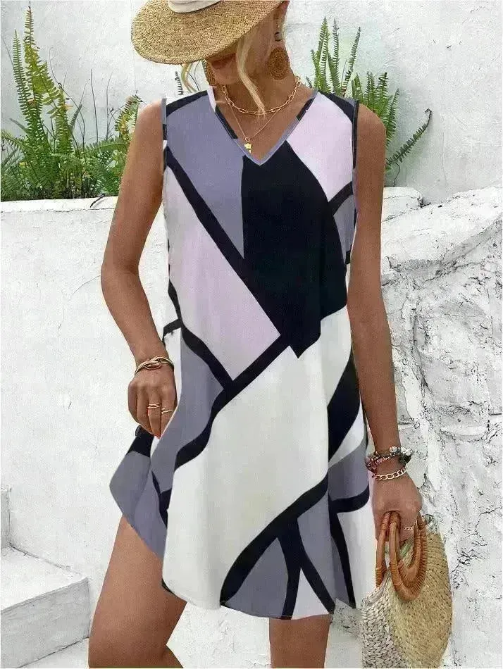Women's Sleeveless V-neck Printed Loose Mini Dress