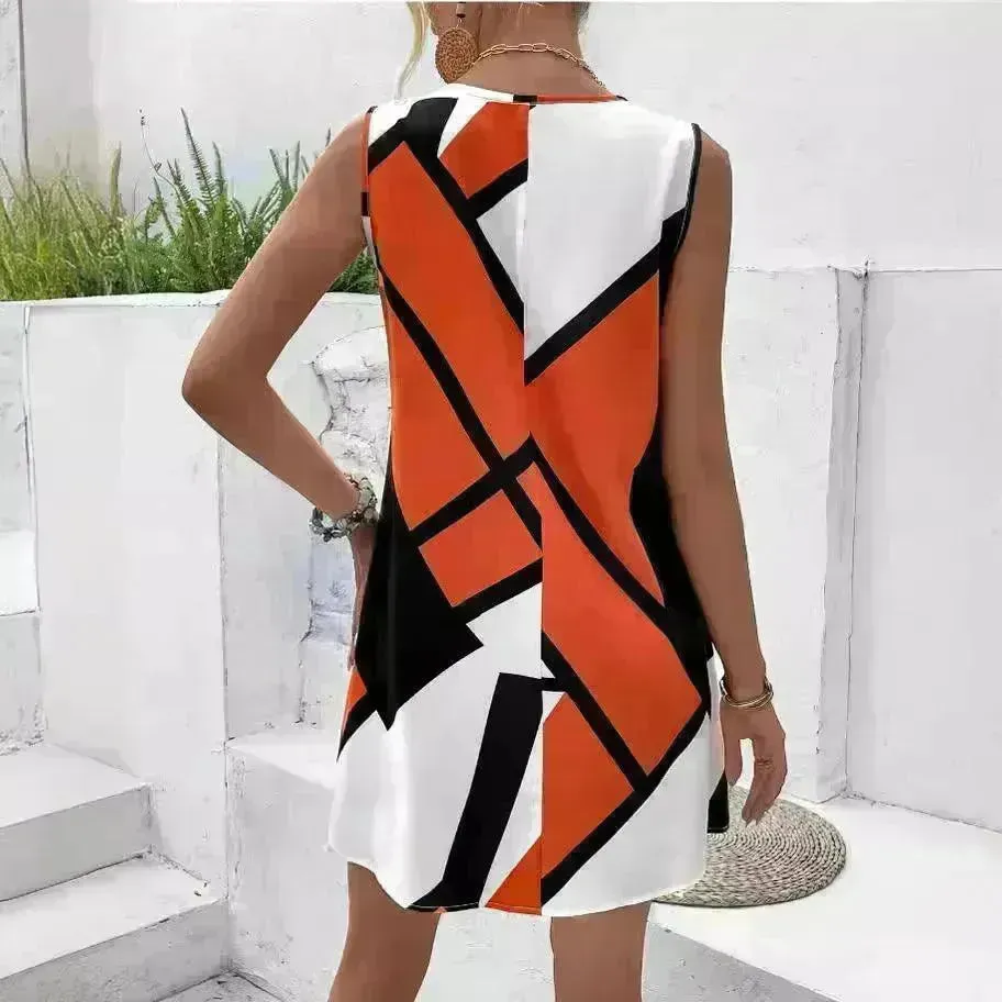 Women's Sleeveless V-neck Printed Loose Mini Dress