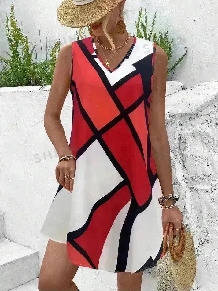 Women's Sleeveless V-neck Printed Loose Mini Dress