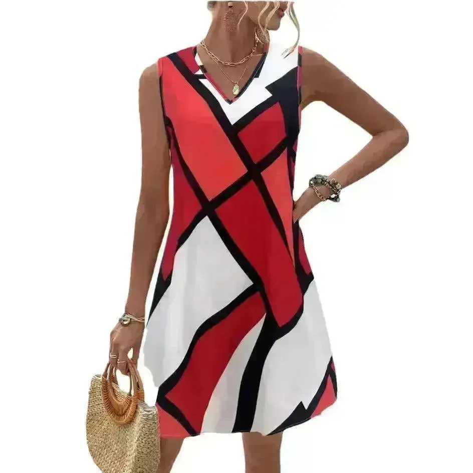 Women's Sleeveless V-neck Printed Loose Mini Dress
