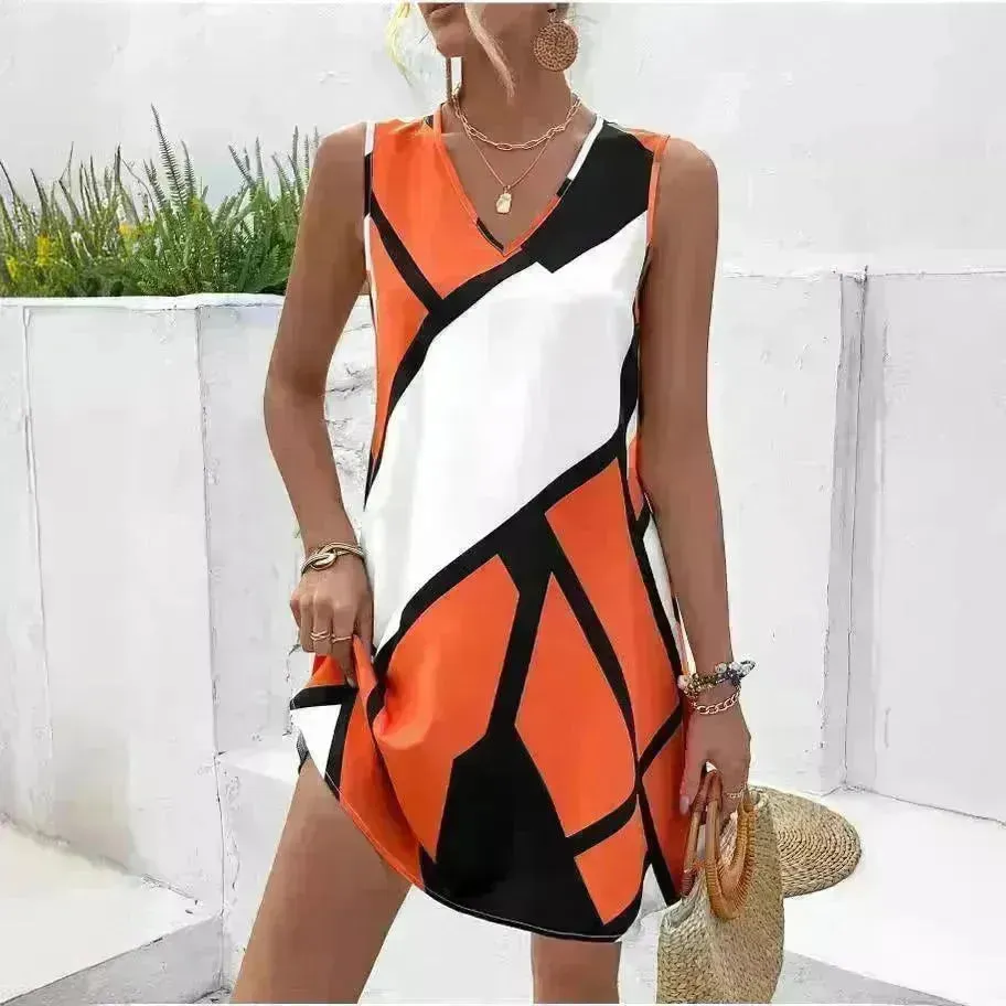 Women's Sleeveless V-neck Printed Loose Mini Dress