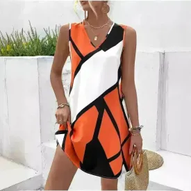 Women's Sleeveless V-neck Printed Loose Mini Dress