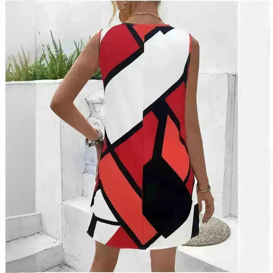 Women's Sleeveless V-neck Printed Loose Mini Dress