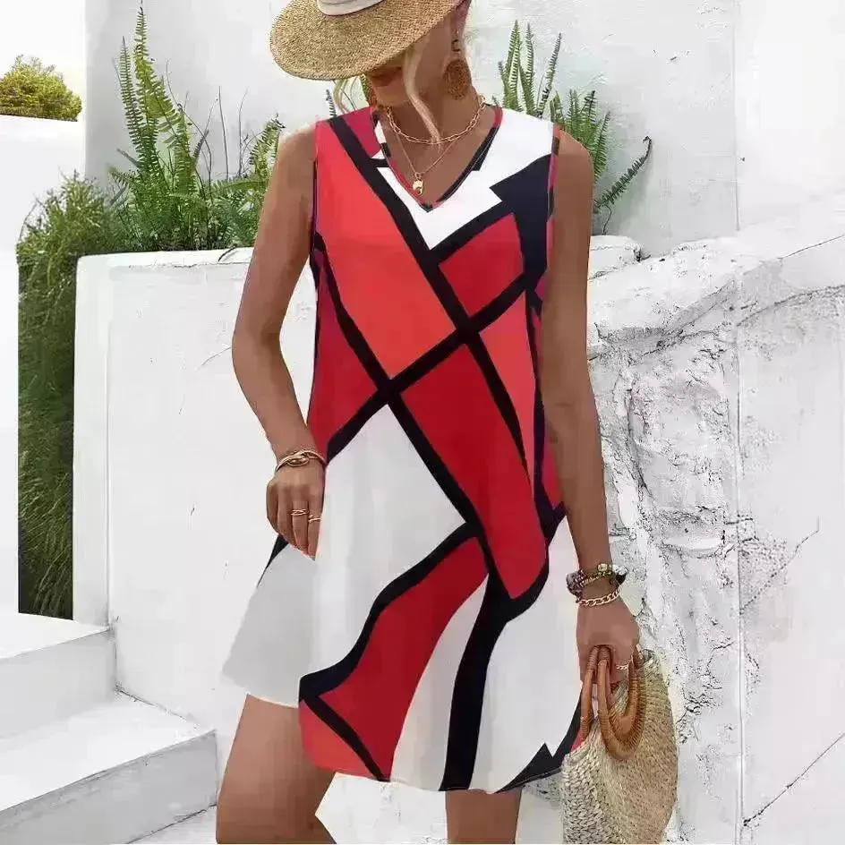 Women's Sleeveless V-neck Printed Loose Mini Dress