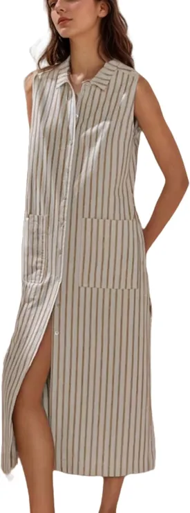 Women's Spring Summer Button-Down Shirt Dress Cotton Striped Collared Tunics Sleeveless Tank Dress with Pockets(Khaki-M)