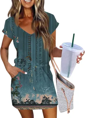 Womens Summer Dress Short Sleeve V Neck Sundresses for Women 2025 Casual Drawstring A-Line Mini Dresses with Pockets