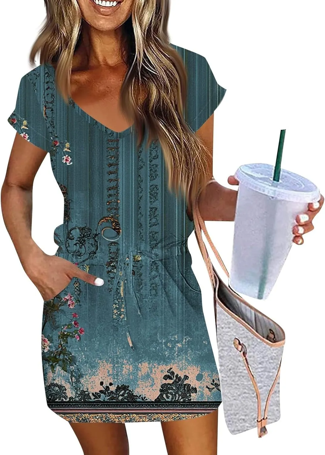 Womens Summer Dress Short Sleeve V Neck Sundresses for Women 2025 Casual Drawstring A-Line Mini Dresses with Pockets