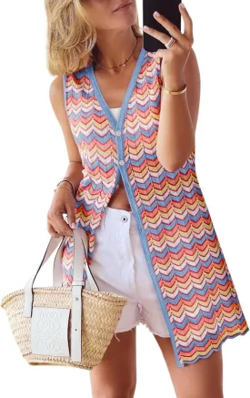 Women's Swimwear Cover Ups V Neck Button Down Sweater Vest Fashion 2025 Sleeveless Striped Cardigans