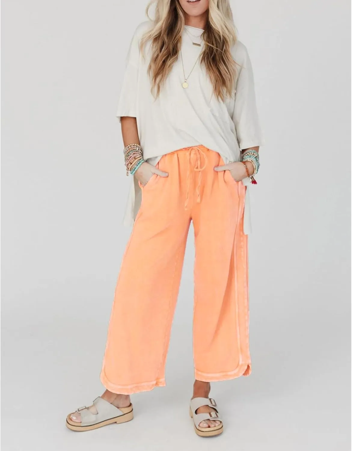 Womens Wide Leg Pants Casual High Waisted Palazzo Pants Lightweight Summer Flowy Beach Pants with Pockets