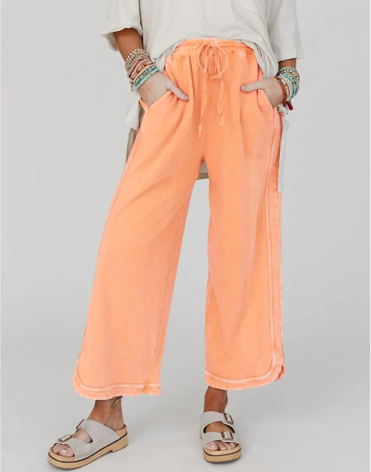 Womens Wide Leg Pants Casual High Waisted Palazzo Pants Lightweight Summer Flowy Beach Pants with Pockets