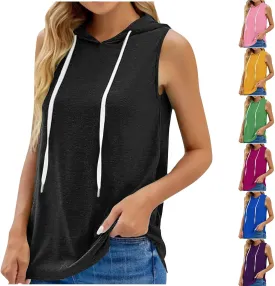 Womens Workout Hooded Tank Tops Drawstring Loose Fit Running Gym Sleeveless Hoodie Tee Shirts 2025 Summer