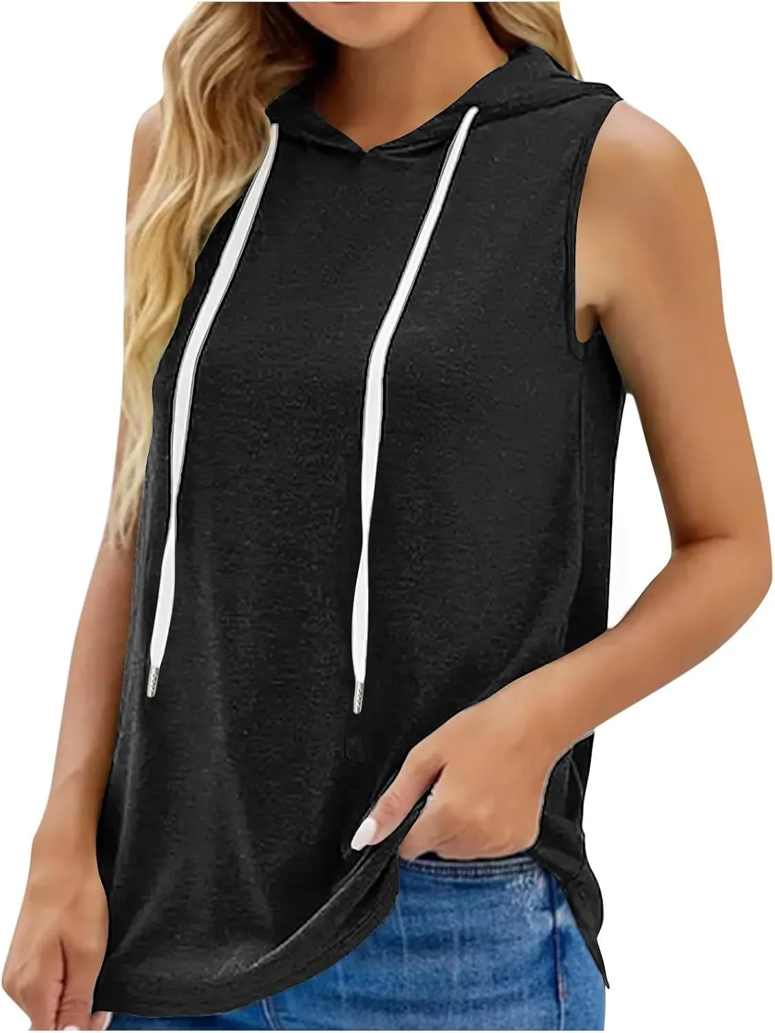 Womens Workout Hooded Tank Tops Drawstring Loose Fit Running Gym Sleeveless Hoodie Tee Shirts 2025 Summer