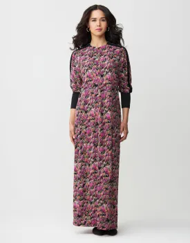 Zip Front Maxi Dress Shabbos Robe with Contrast Sleeve Trim Pink Multi