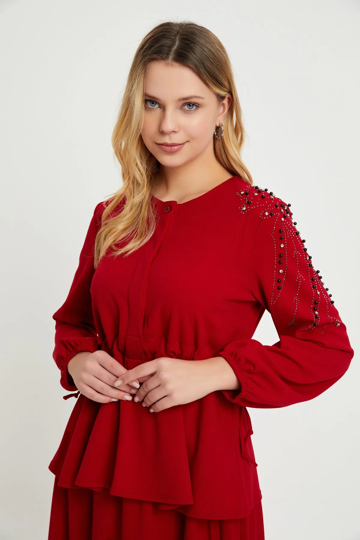 ZRF Women Embroidered Sleeve Skirt Suit - Red - Woodbury