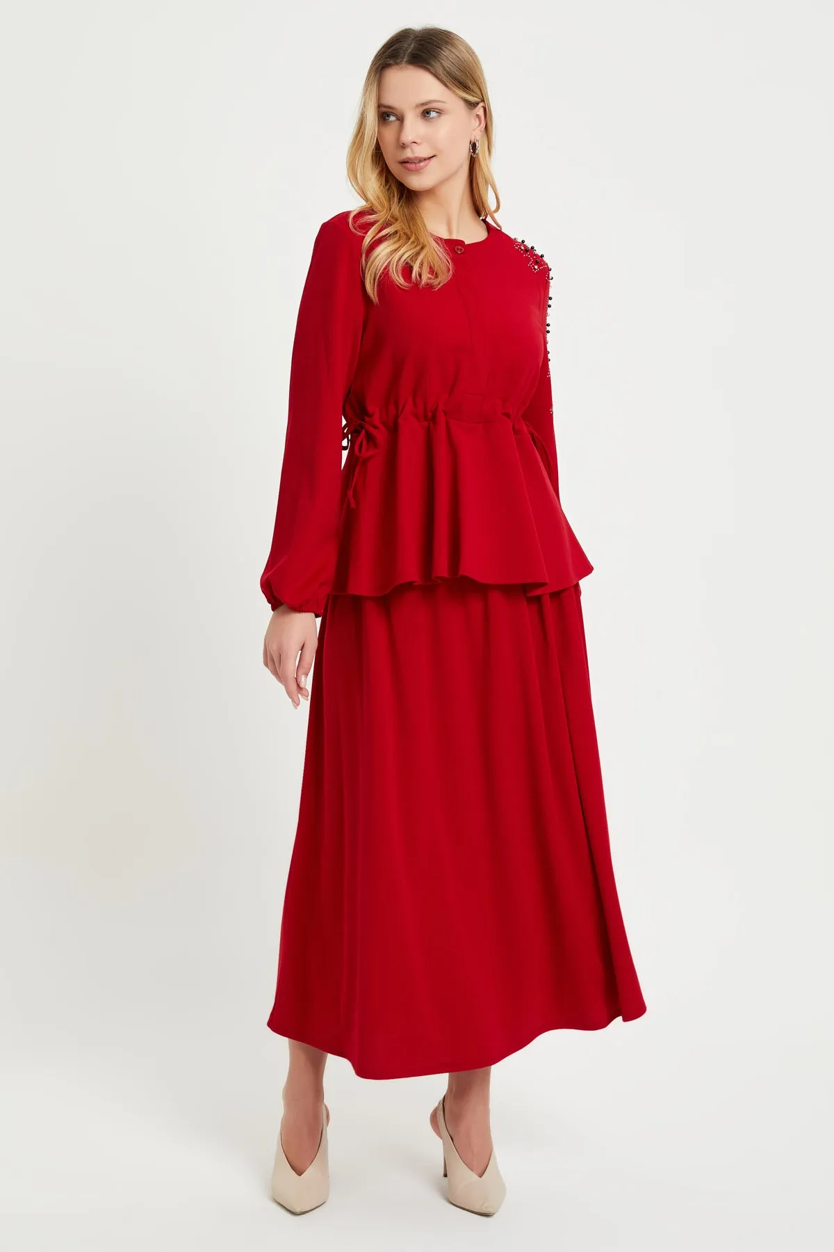 ZRF Women Embroidered Sleeve Skirt Suit - Red - Woodbury